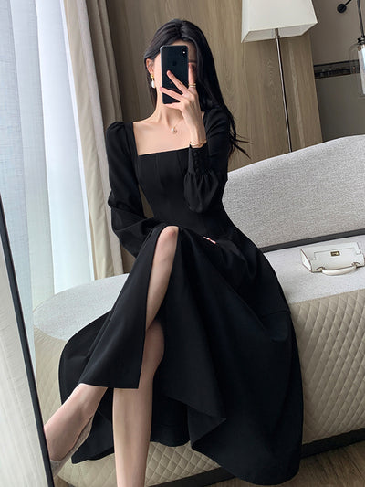 square neck long sleeve slit black dress
