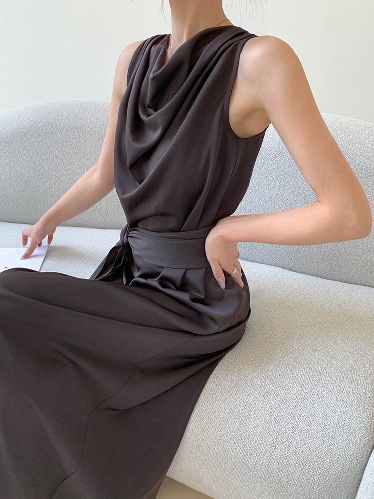 dark brown sleeveless satin dress