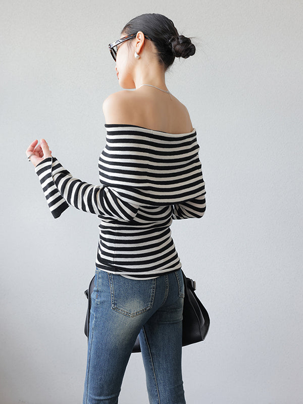 stripe off shoulder long sleeve slim fit tops