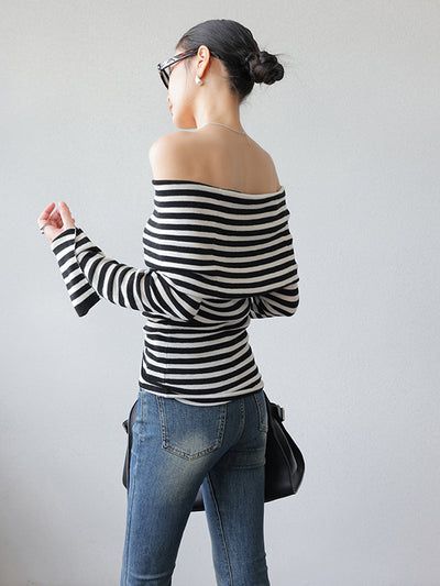 stripe off shoulder long sleeve slim fit tops