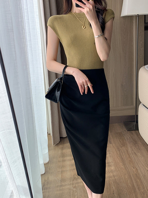 round neck french sleeve slim knit tops