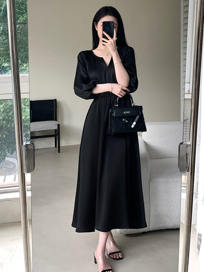 v neck three quarter sleeve black long dress