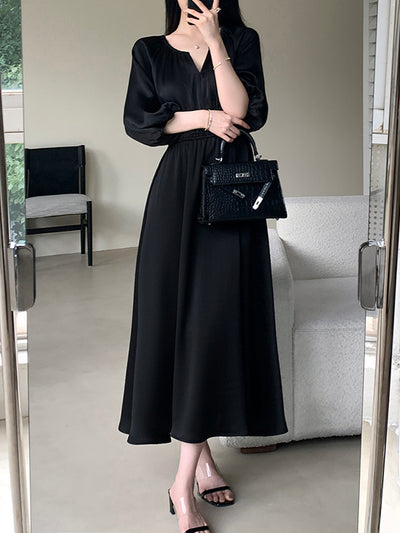 v neck three quarter sleeve black long dress