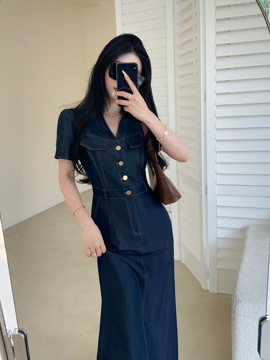 dark blue denim tight long one piece