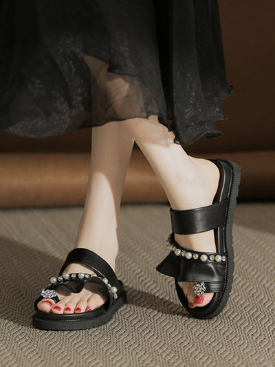 flat ruffle pearl bijou sandals
