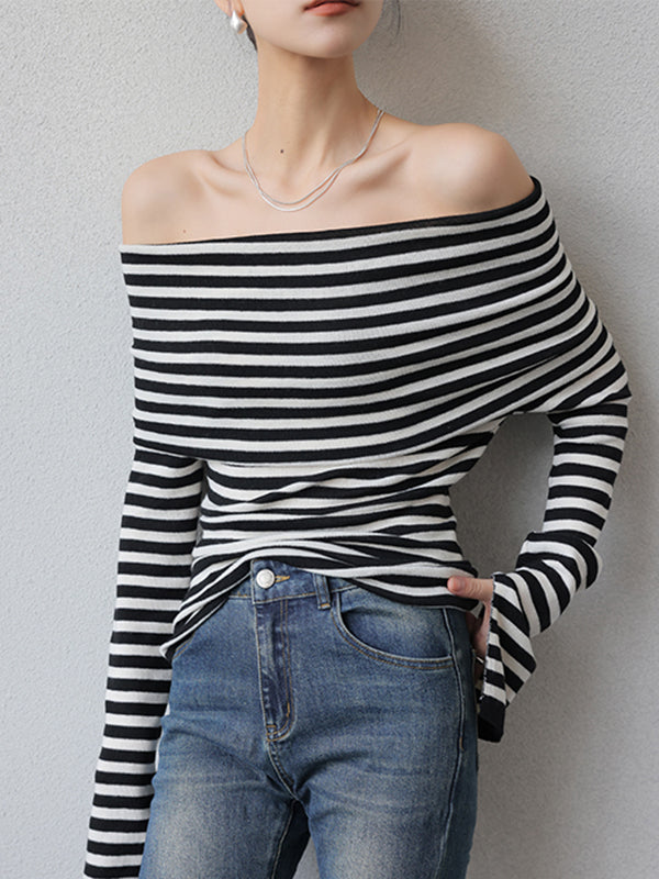 stripe off shoulder long sleeve slim fit tops