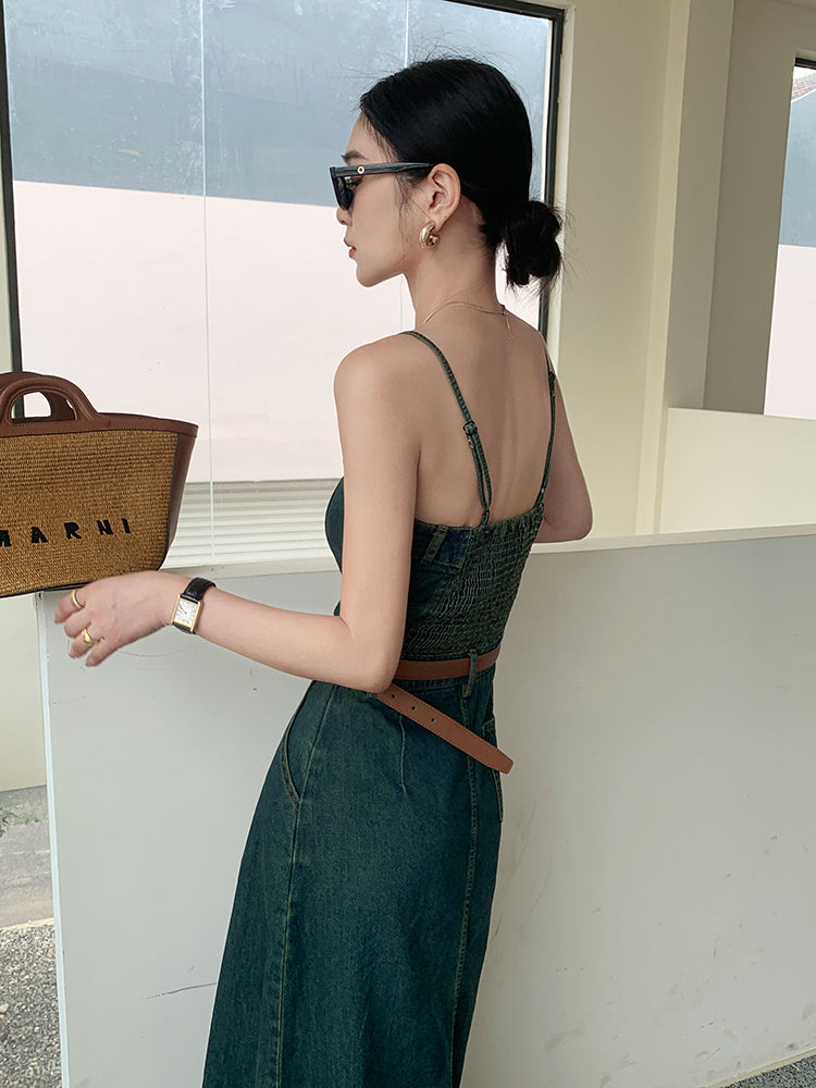 vintage blue denim camisole pleats long one piece