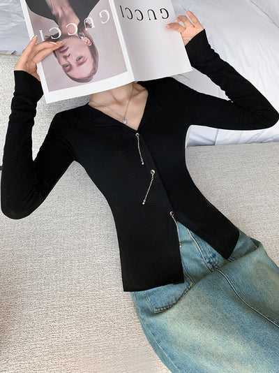 black slim fit v neck chain tops