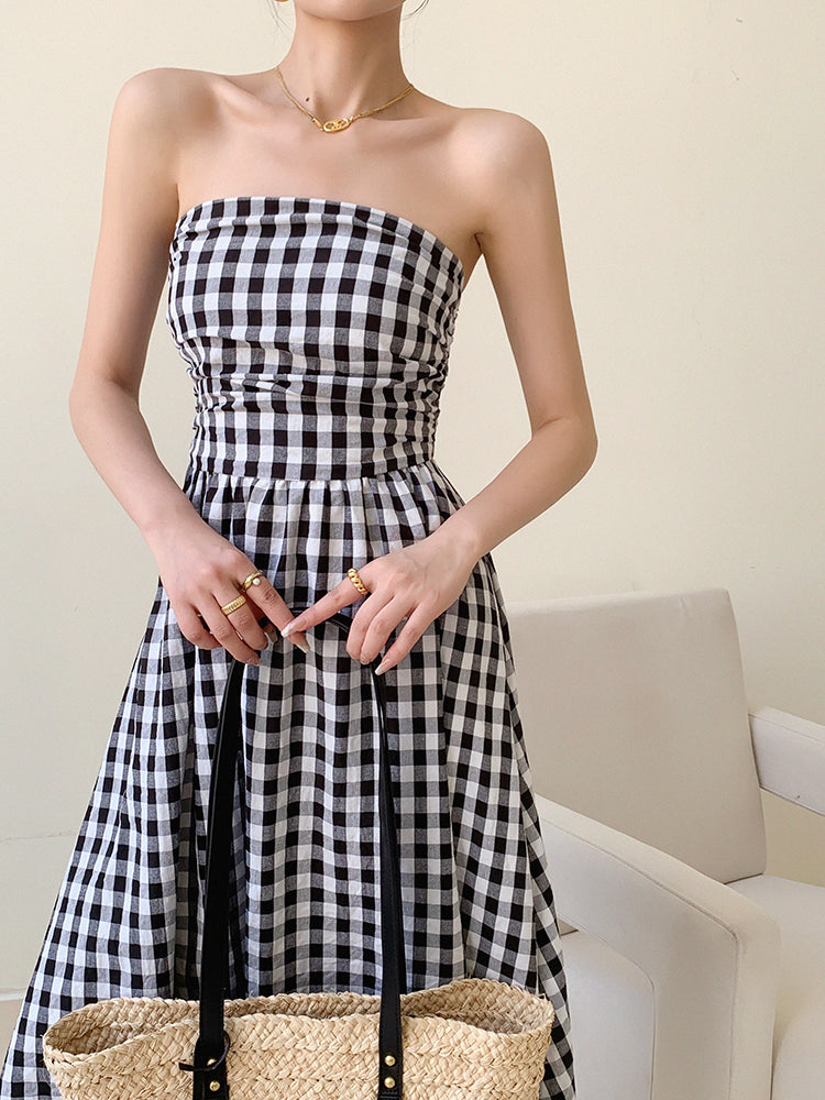 black plaid tube top a line long dress