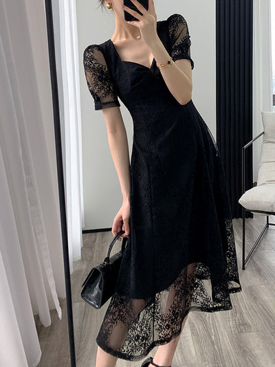 square neck flare black lace one piece