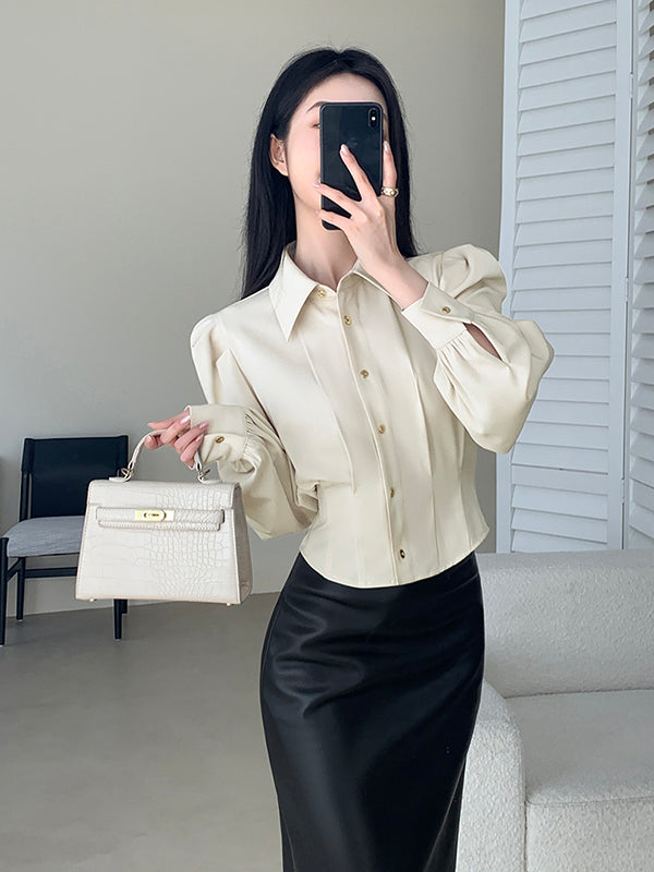 puff long sleeve white beige shirt