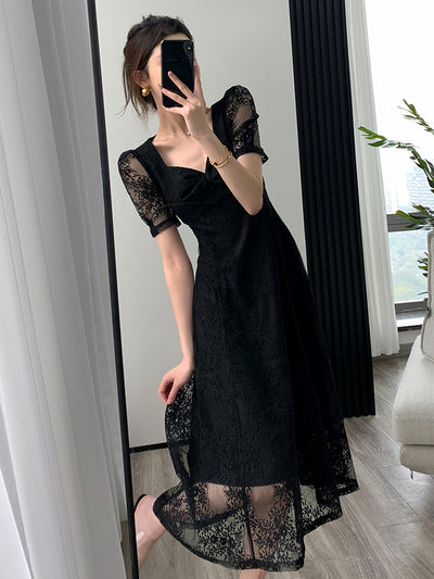 square neck flare black lace one piece