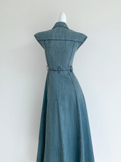 blue denim flare long one piece