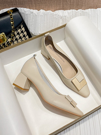 gold square motif chunky heel pumps