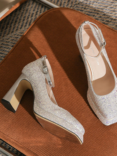 crystal square toe high heel pumps