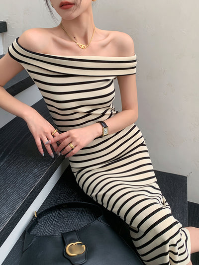 striped off shoulder knit long one piece