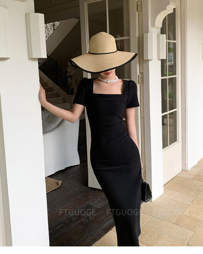 square neck black elegant dress