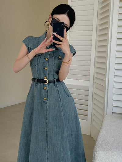 blue denim flare long one piece