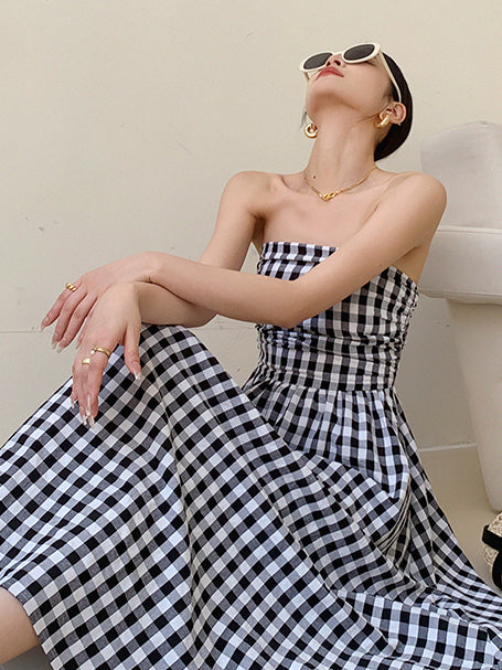 black plaid tube top a line long dress