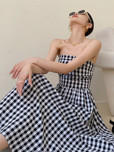 black plaid tube top a line long dress