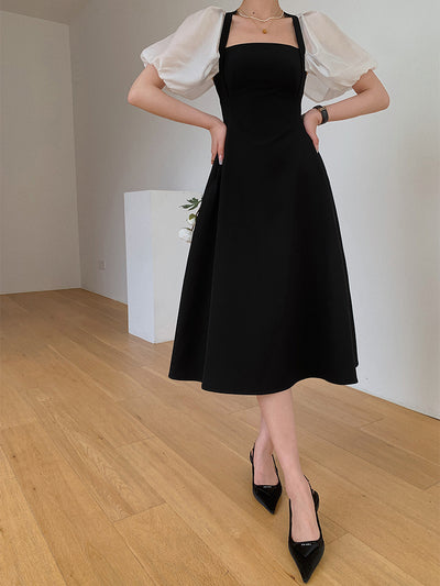 square neck puff sleeve bicolor dress