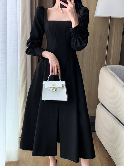 square neck long sleeve slit black dress
