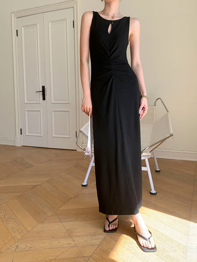 black hollow design sleeveless long dress