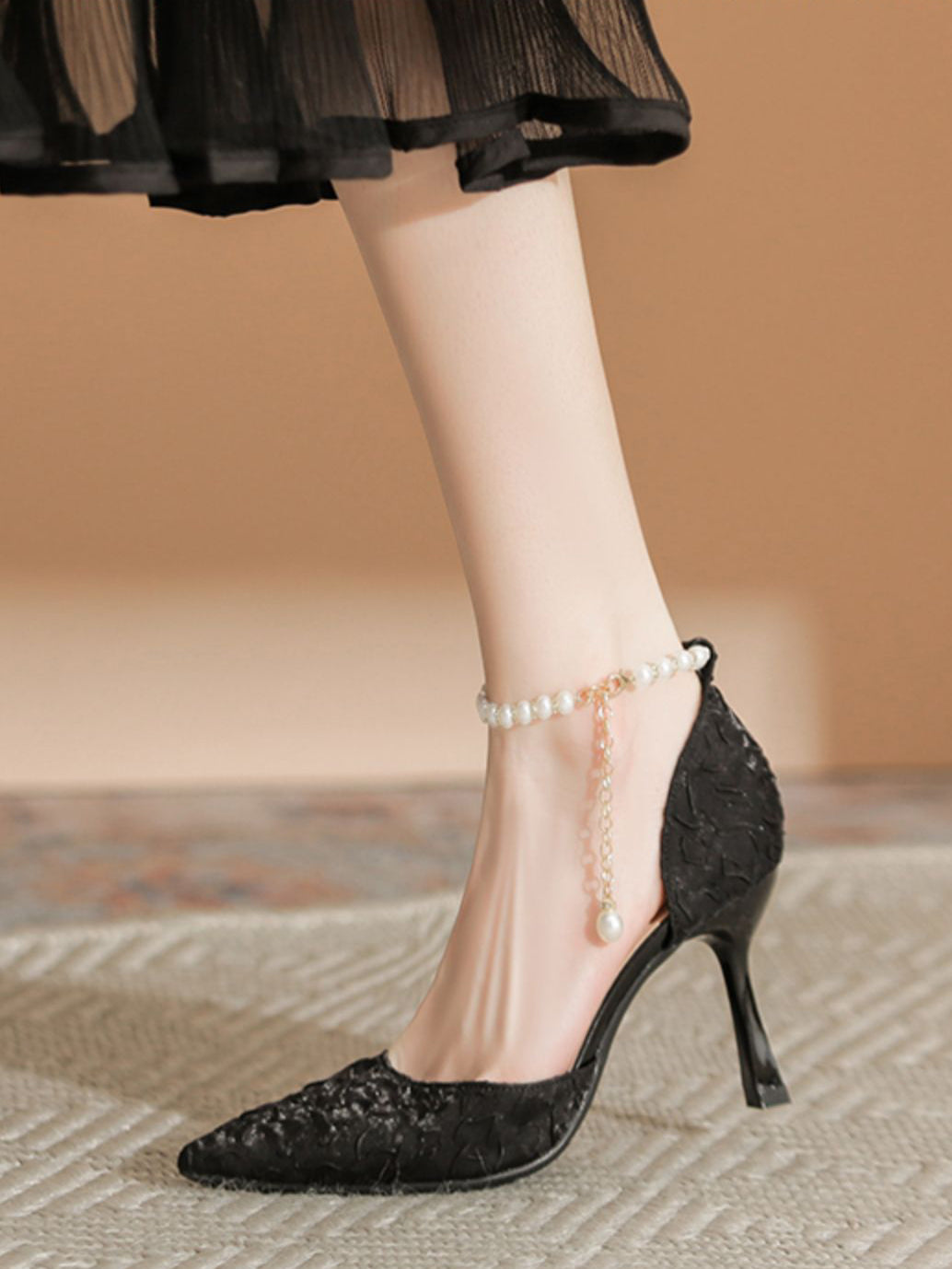 pearl strap pointed toe pumps