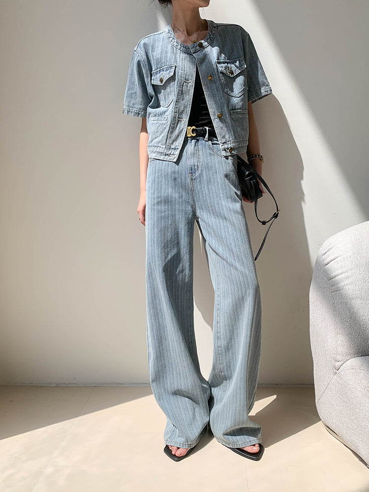 high waist light blue stripe wide pants