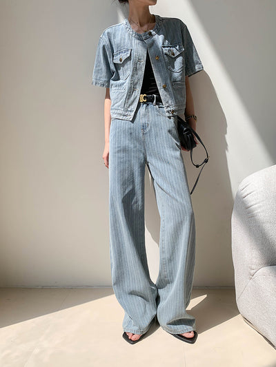 high waist light blue stripe wide pants
