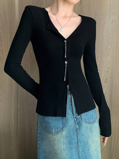 black slim fit v neck chain tops