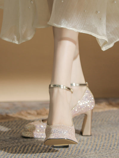 crystal square toe high heel pumps