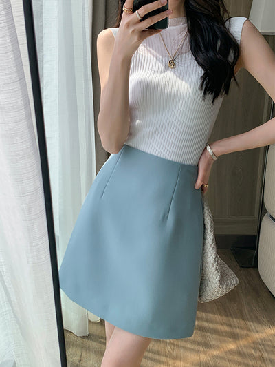 high waist trapezoid light blue mini skirt