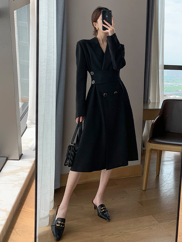 waist slim black long suit dress