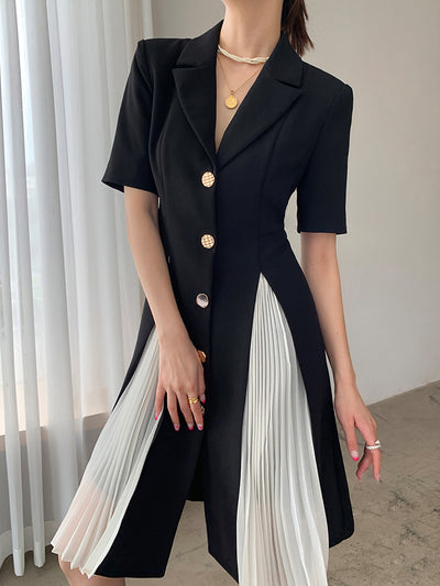 black short sleeve suit style pleats one piece