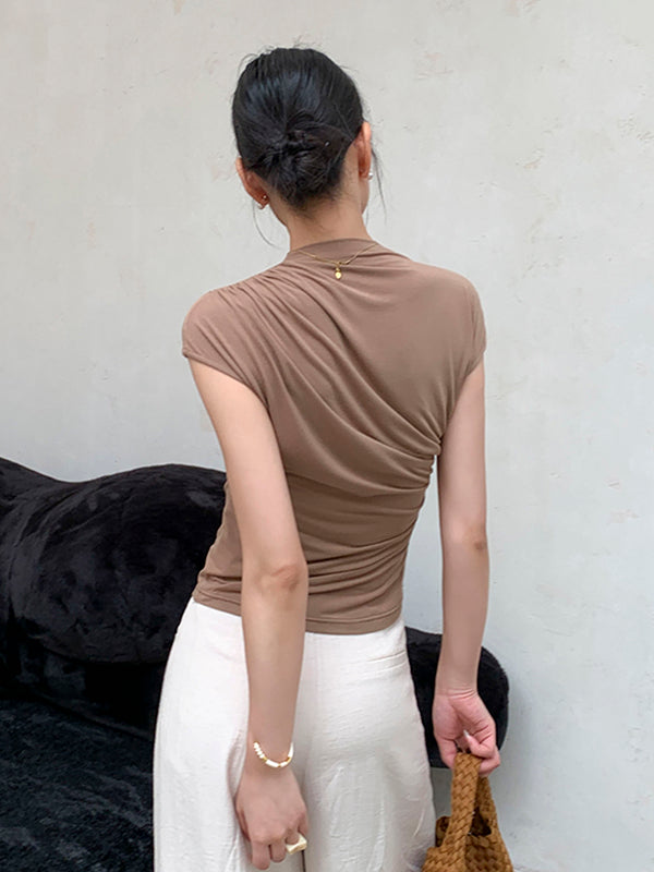 high neck slim fit side gather beige tops