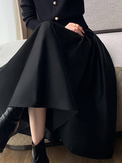 high waist slim pleated black long skirt