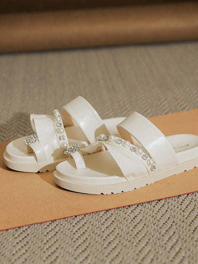 flat ruffle pearl bijou sandals