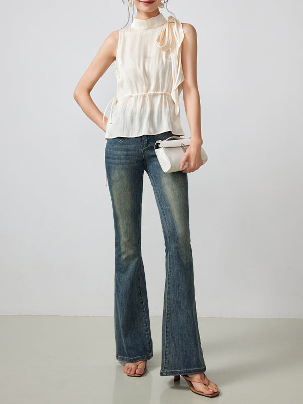 high neck sleeveless ribbon tops