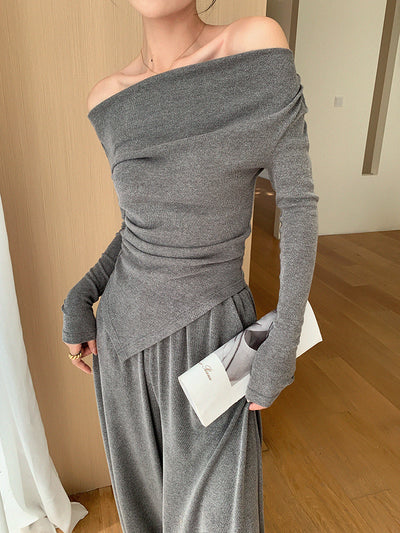 off shoulder asymmetry pants setup