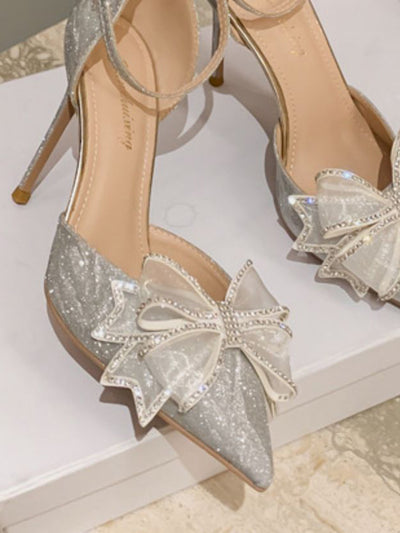 rhinestone ribbon pointed toe pumps