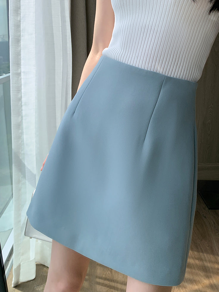 high waist trapezoid light blue mini skirt