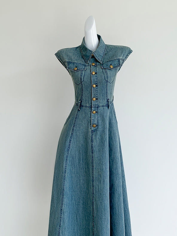 blue denim flare long one piece
