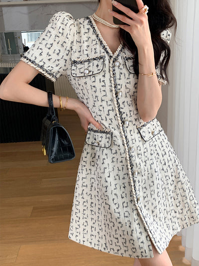 v neck button tweed check short one piece