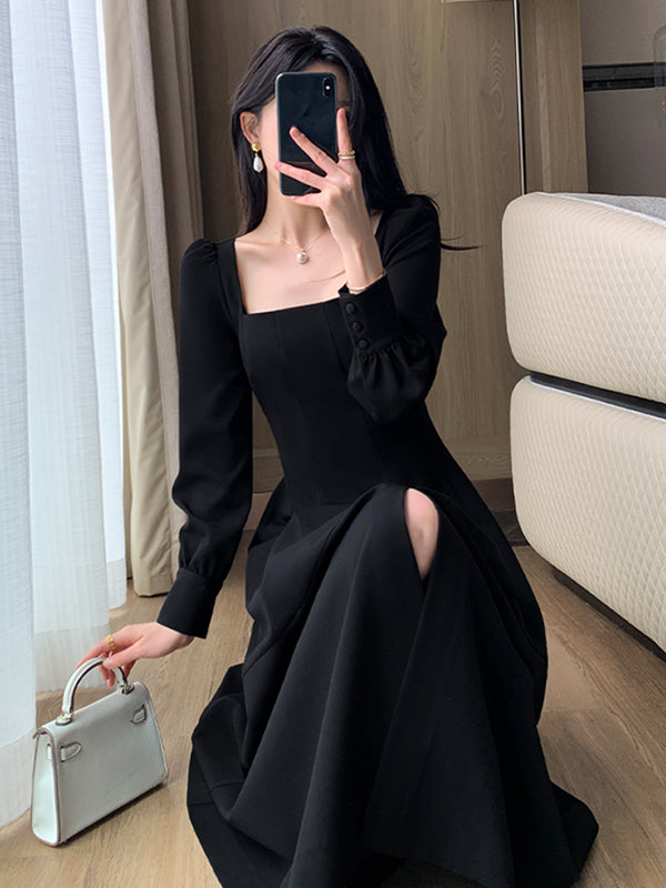 square neck long sleeve slit black dress