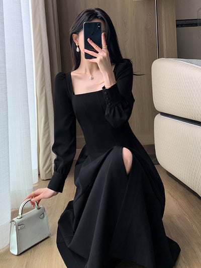 square neck long sleeve slit black dress