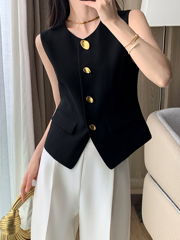 black sleeveless gold button tops