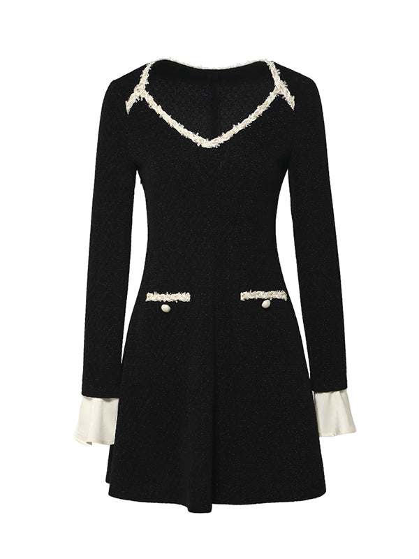 v neck bicolor trumpet sleeve mini dress