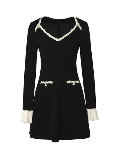 v neck bicolor trumpet sleeve mini dress
