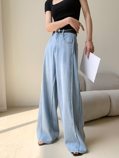 high waist light blue wide cut long denim pants